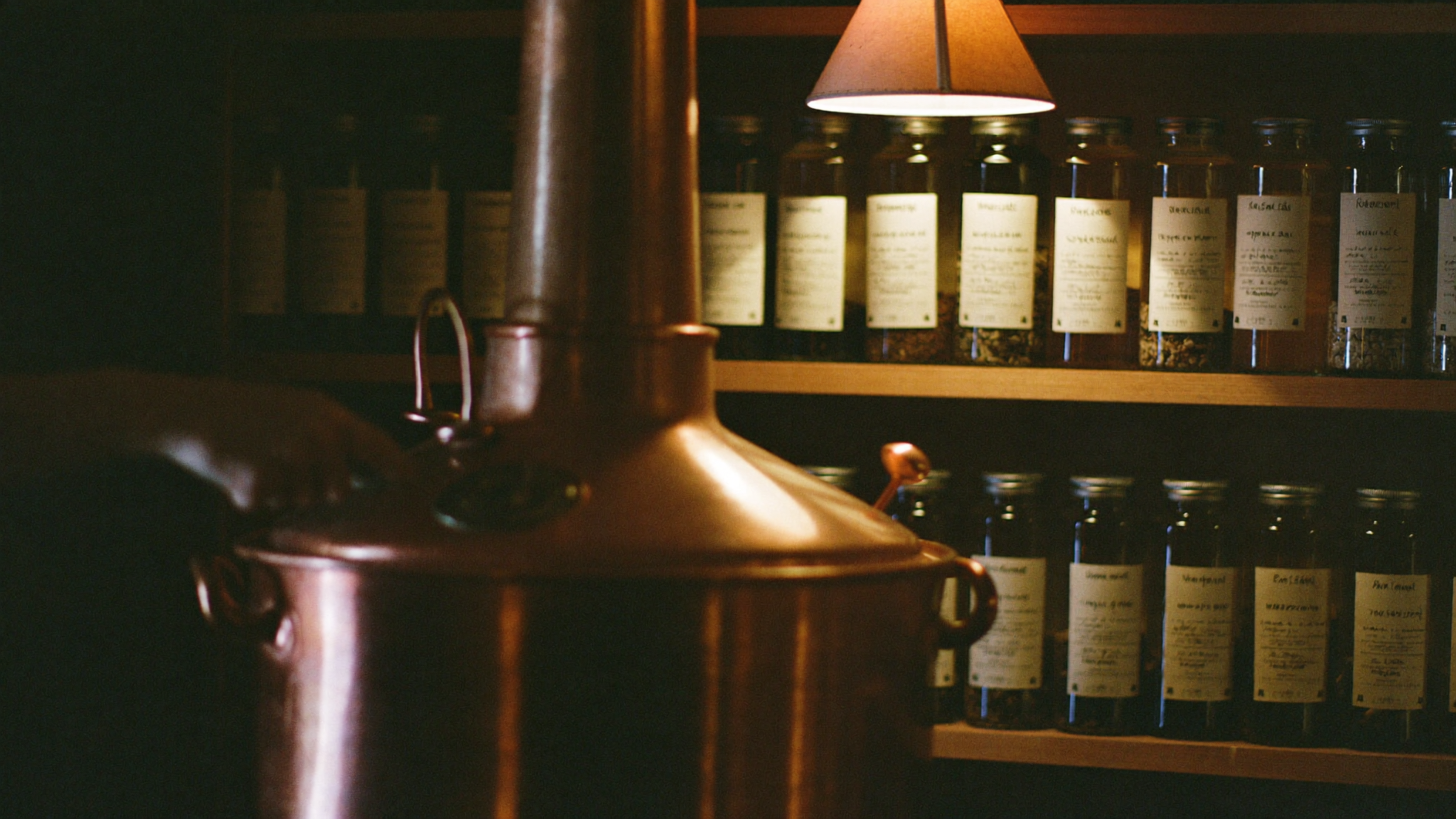 A small copper pot still in an artisanal Swiss distillery