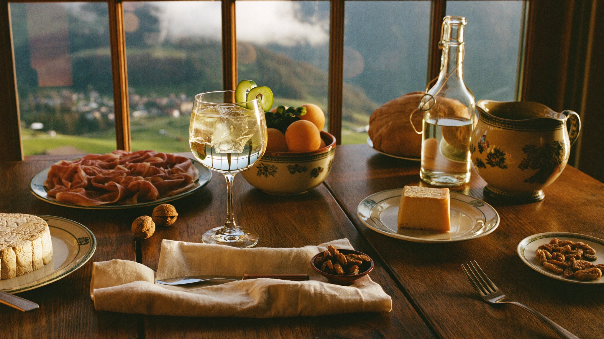 A Swiss apéro table with Johann Gin and Tonic, Valais charcuterie and alpine light